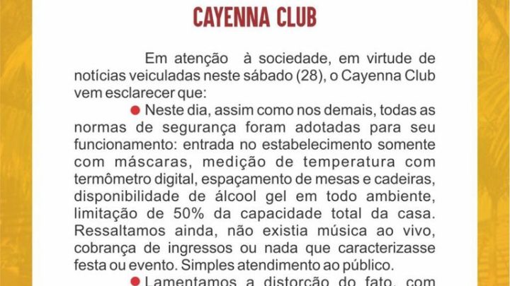 Cayenna Club de C. Mourão emite nota de esclarecimento em virtudes de notícias vinculada no sábado
