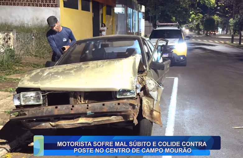 MOTORISTA SOFRE MAL SÚBITO E COLIDE CONTRA POSTE NO CENTRO DE CAMPO MOURÃO