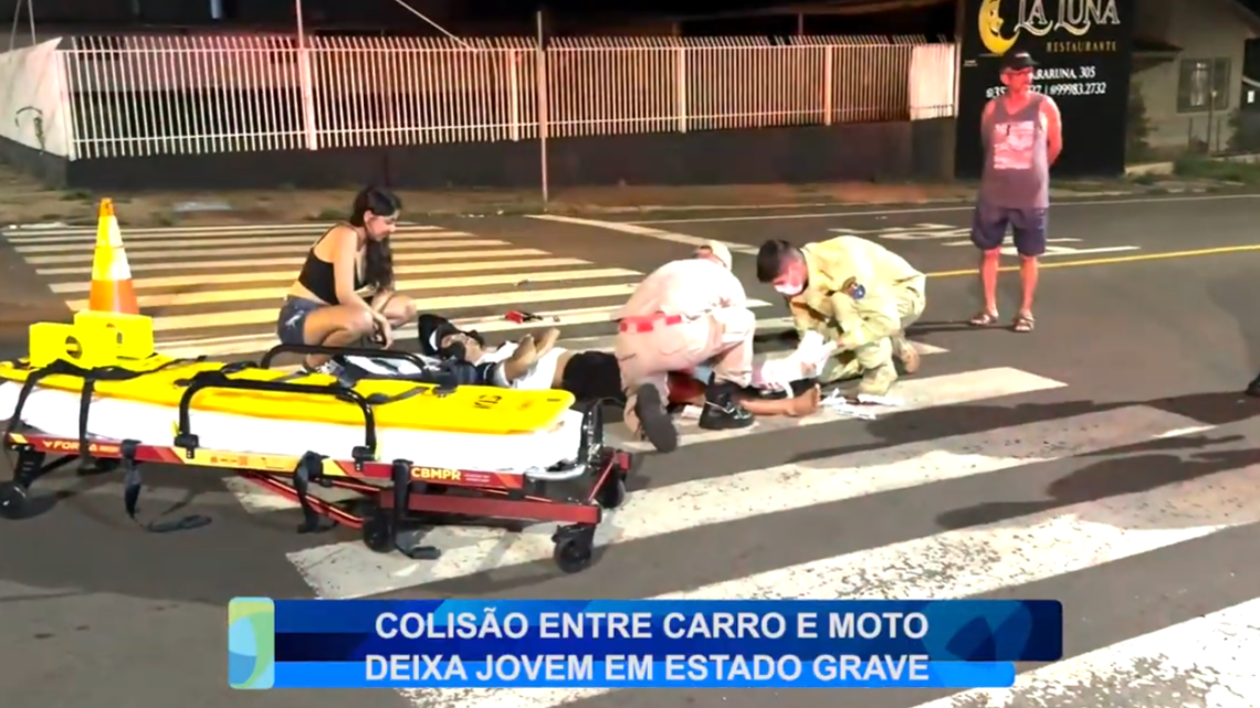 COLISÃO ENTRE CARRO E MOTO DEIXA JOVEM EM ESTADO GRAVE