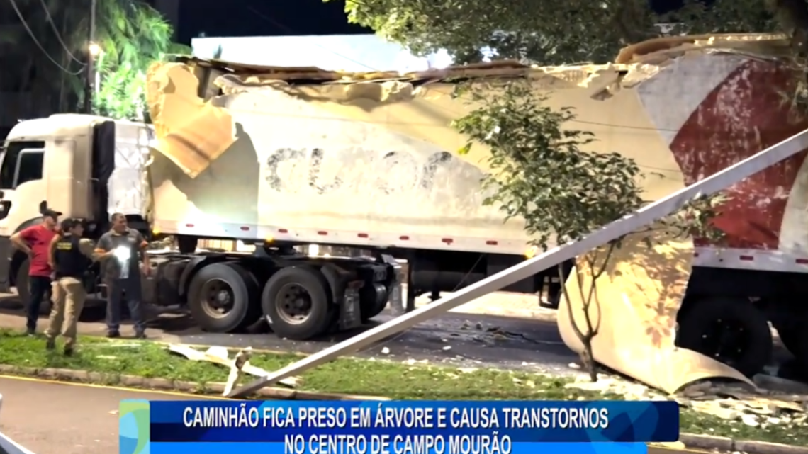 CAMINHÃO FICA PRESO EM ÁRVORE E CAUSA TRANSTORNOS NO CENTRO DE CAMPO MOURÃO