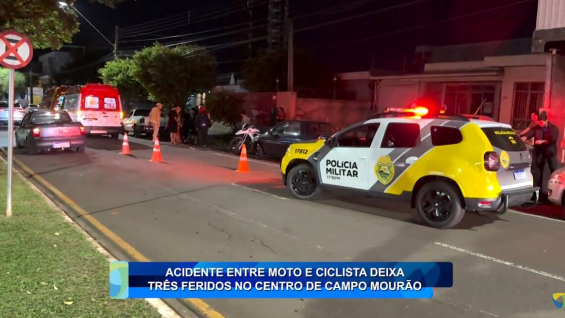 ACIDENTE ENTRE MOTO E CICLISTA DEIXA TRÊS FERIDOS NO CENTRO DE CAMPO MOURÃO