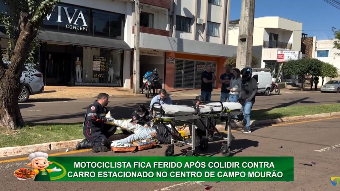 MOTOCICLISTA FICA FERIDO APÓS COLIDIR CONTRA CARRO ESTACIONADO NO CENTRO DE CAMPO MOURÃO