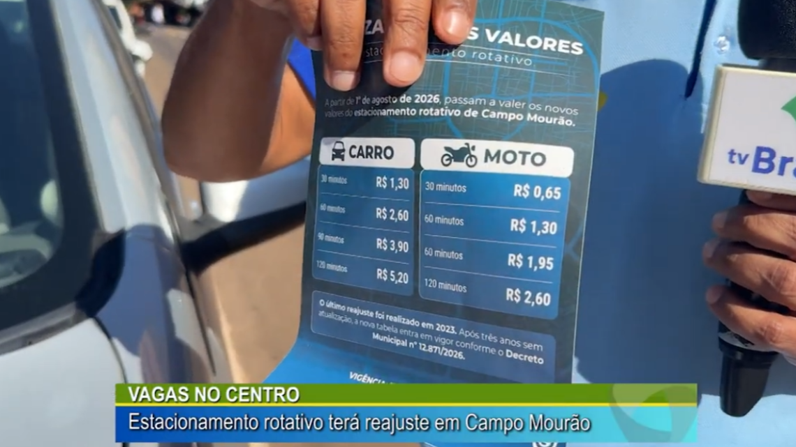 VAGAS NO CENTRO: ESTACIONAMENTO ROTATIVO TERÁ REAJUSTE EM CAMPO MOURÃO