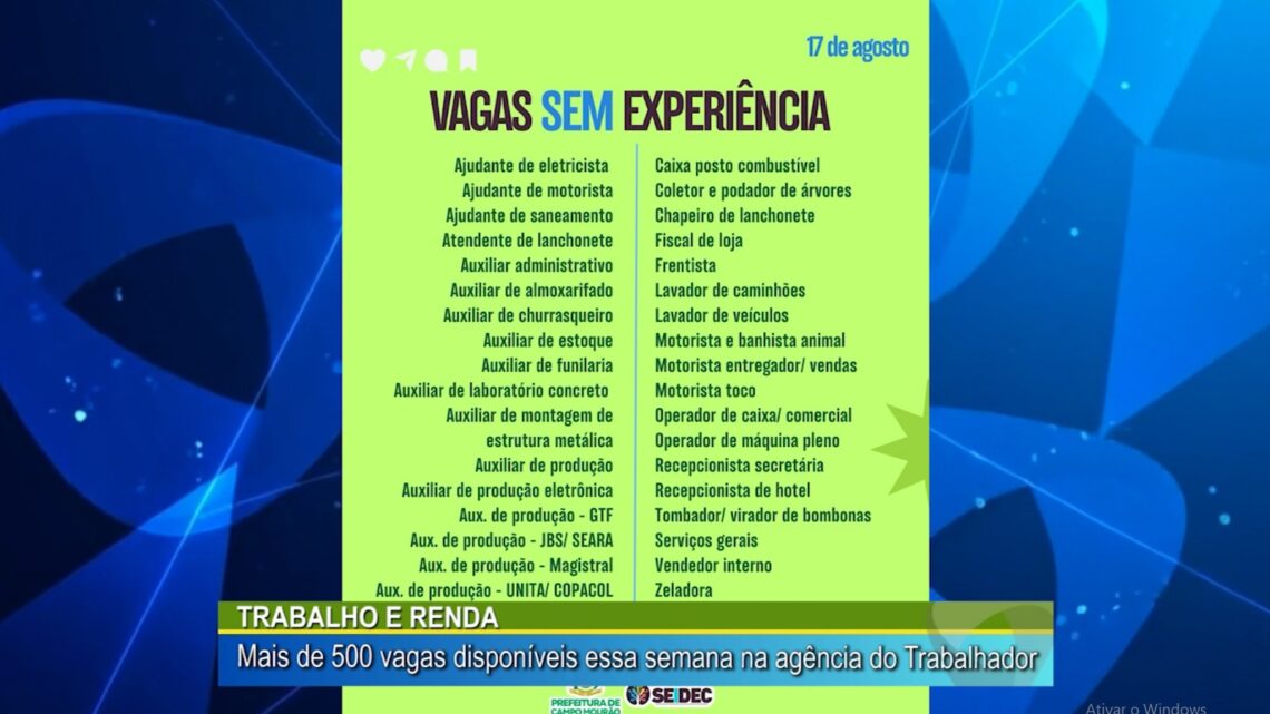 TRABALHO E RENDA: MAIS DE 500 VAGAS DISPONÍVEIS ESSA SEMANANA AGÊNCIA DO TRABALHADOR