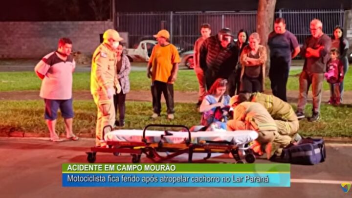ACIDENTE EM CAMPO MOURÃO MOTOCICLISTA FICA FERIDO APÓS ATROPELAR CACHORRO NO LAR PARANÁ