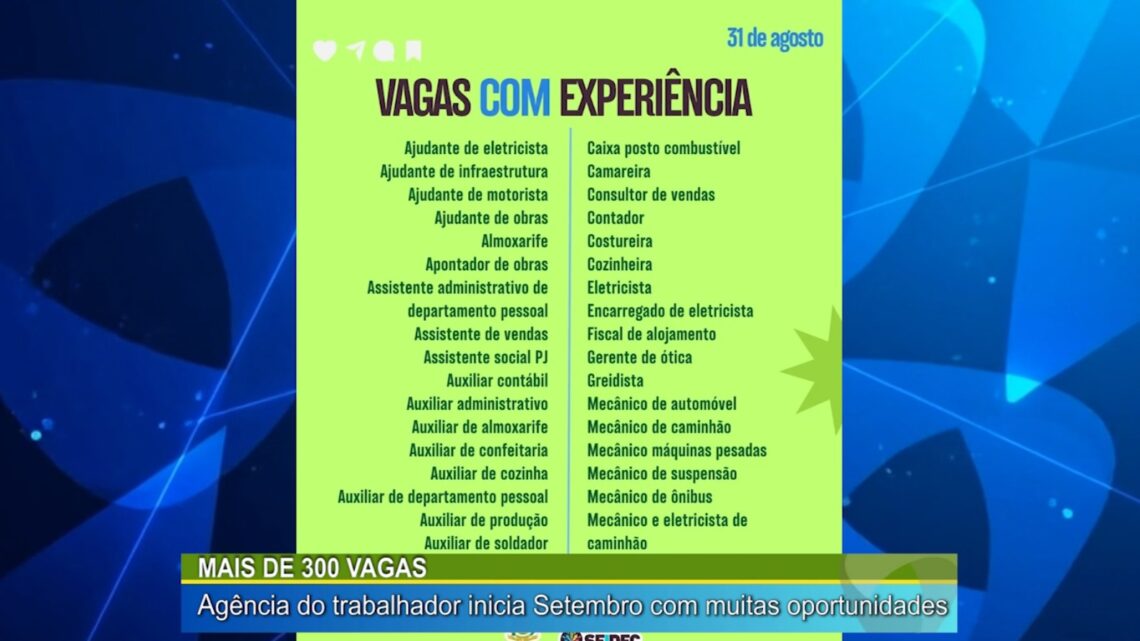 MAIS DE 300 VAGAS: AGÊNCIA DO TRABALHADOR INICIA SETEMBRO COM MUITAS OPORTUNIDADES